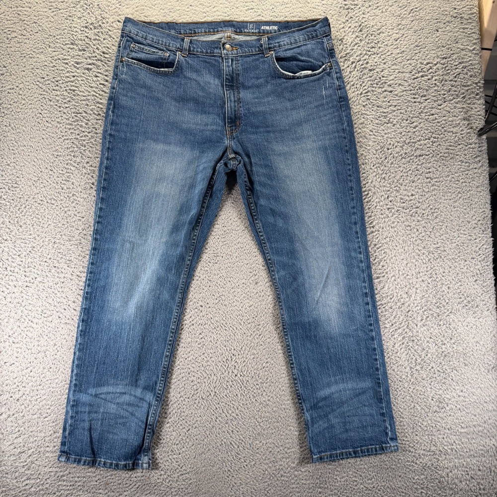 George Jeans Mens 40x30 Blue Cotton Denim Straight Athletic Faded Travel Stretch